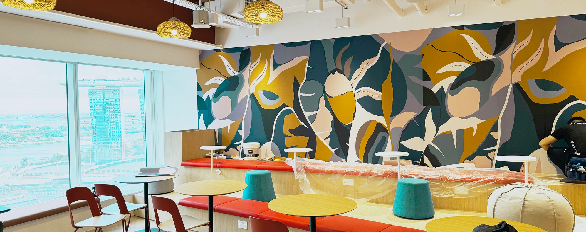 Creative Space in Office with Floral Wallpaper